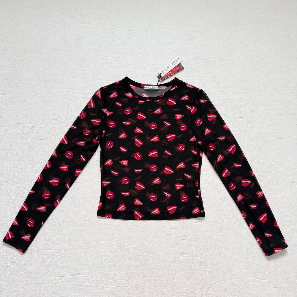 Alice + Olivia Lip Print Sheer Mesh Long Sleeve Top Black Red, Size Small